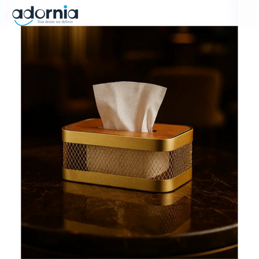 Luxury Gold Mesh Tissue Box with Wooden Top – Elegant Tabletop Dispenser