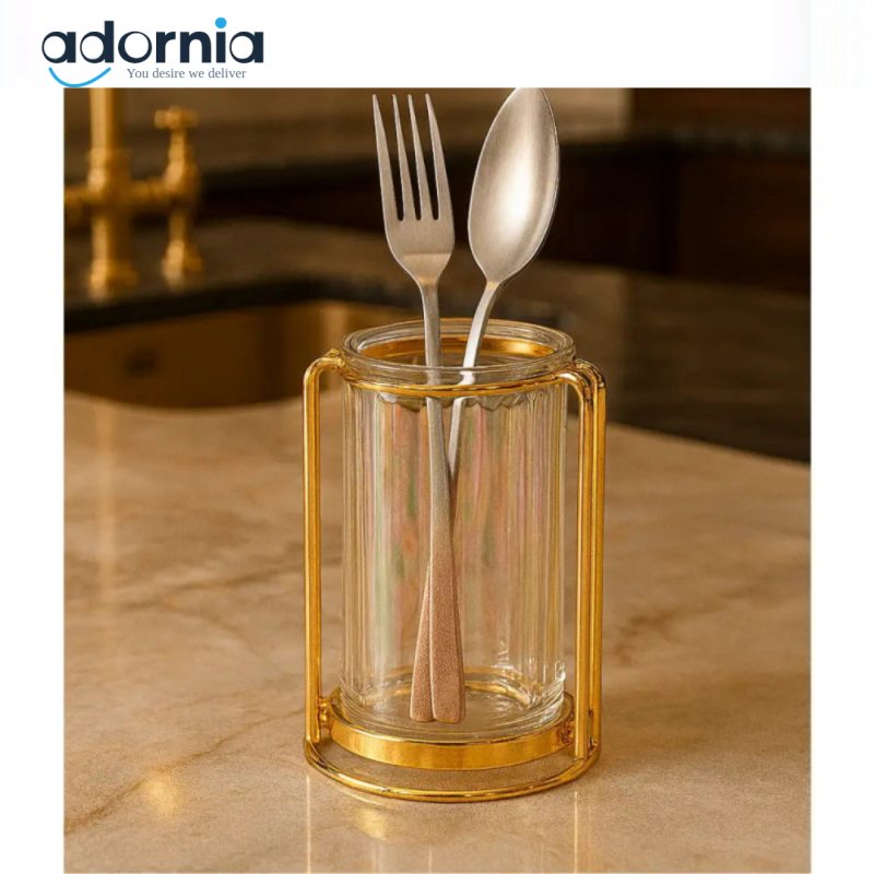 Gold Rim Glass Cutlery Holder – Luxury Utensil Organizer for Kitchens & Dining Tables