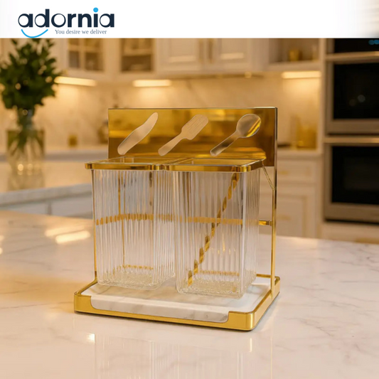 Premium Gold Glass Cutlery Holder Set – Dual Kitchen Utensil Organizer