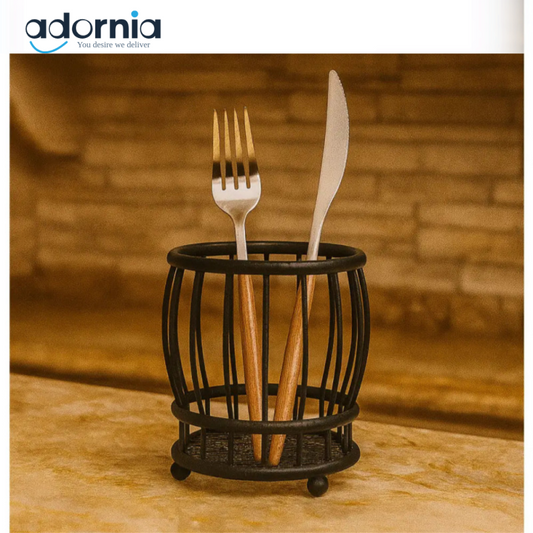 Black Metal Utensil Holder with Wooden Cutlery – Luxury Kitchen Organizer