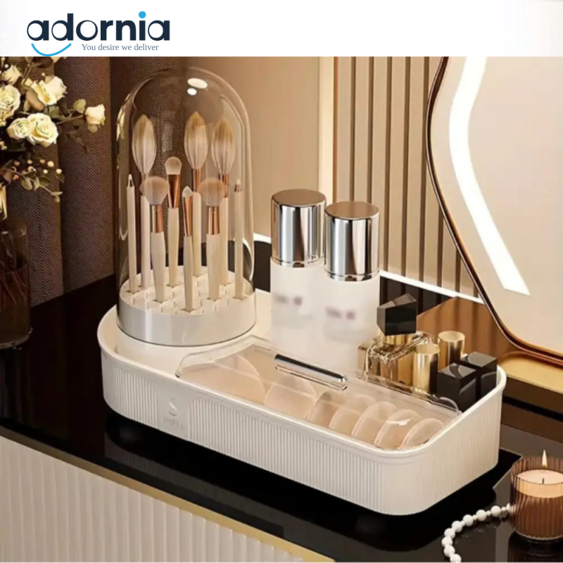 Elegant Makeup Organizer with Brush Holder – Dustproof Cosmetic Storage Box with Maker Brush Cleaner