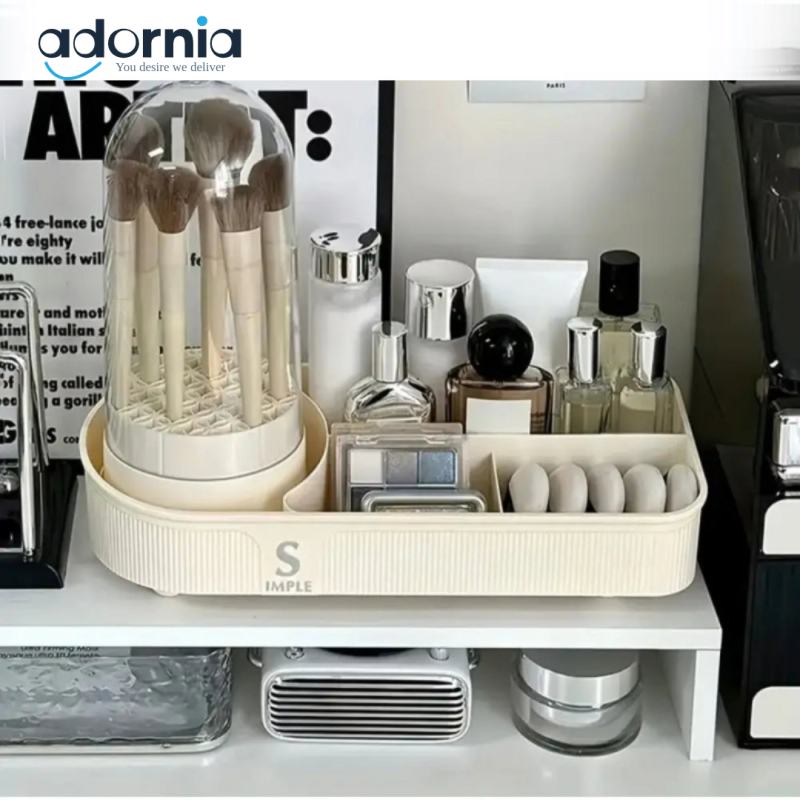Elegant Makeup Organizer with Brush Holder – Dustproof Cosmetic Storage Box with Maker Brush Cleaner