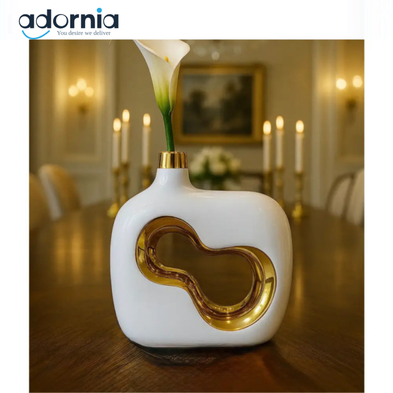 Modern White Ceramic Vase with Gold Accent – Luxury Tabletop Flower Vase for Home Décor