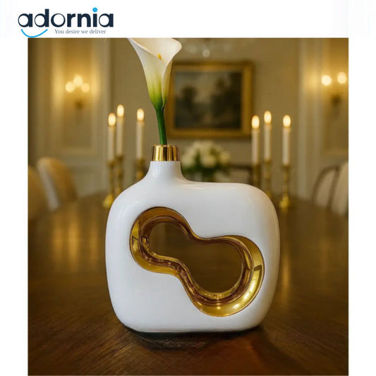 Modern White Ceramic Vase with Gold Accent – Luxury Tabletop Flower Vase for Home Décor