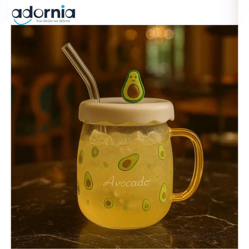 Avocado Design Glass Mug with Straw – Cute Kids Juice Cup | Luxury Coffee Café Style