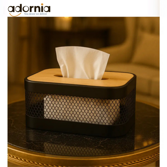 Modern Mesh Tissue Box – Black Metal & Bamboo Cover Dispenser