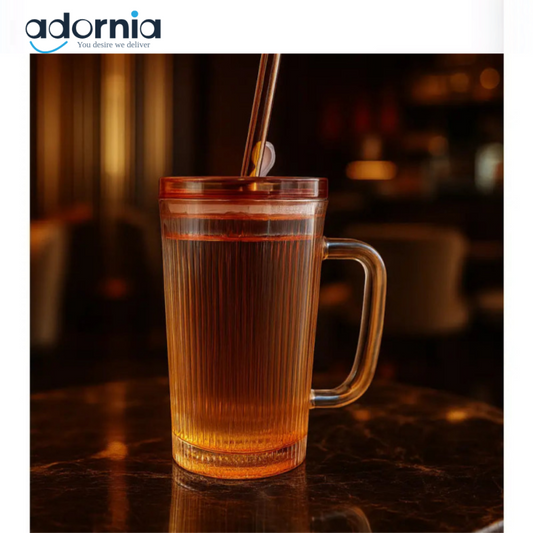 Amber Ribbed Glass Tumbler with Lid & Straw – 500ml | Stylish Iced Coffee & Juice Mug