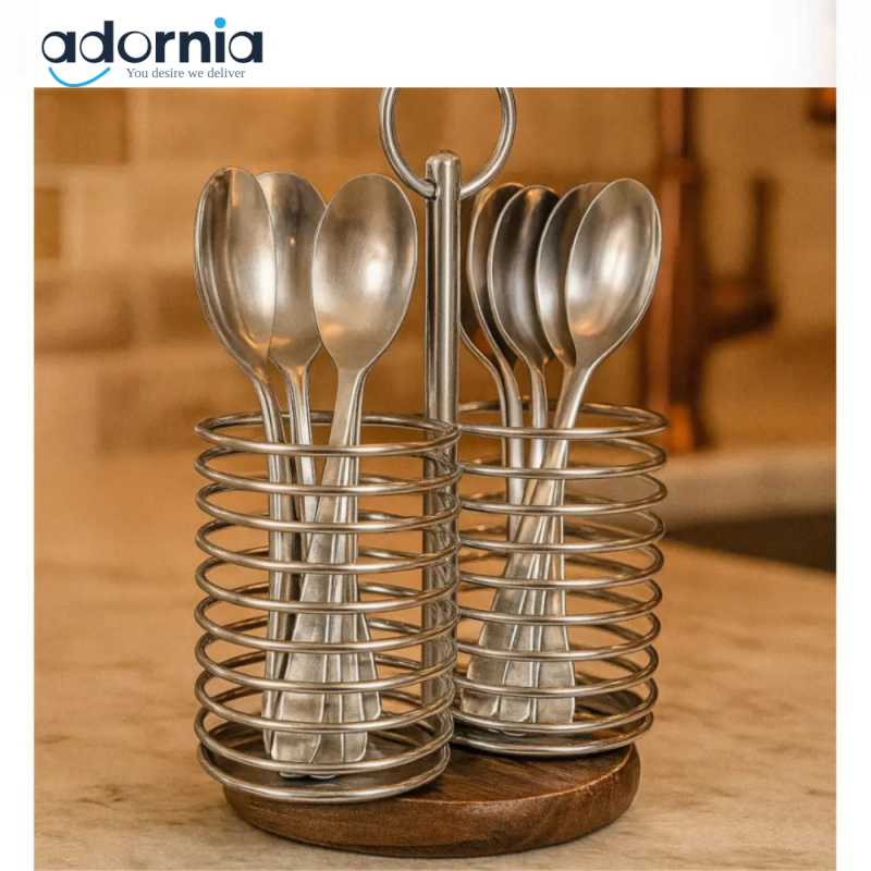 Luxury Stainless Steel Spoon Holder with Wooden Base – Dual Compartment Utensil Organizer