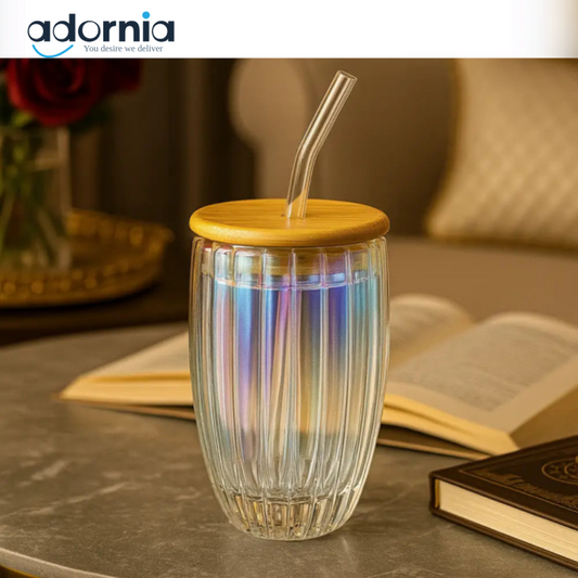 Iridescent Glass Tumbler with Lid & Straw – Elegant Ribbed Design for Iced Coffee & Juices
