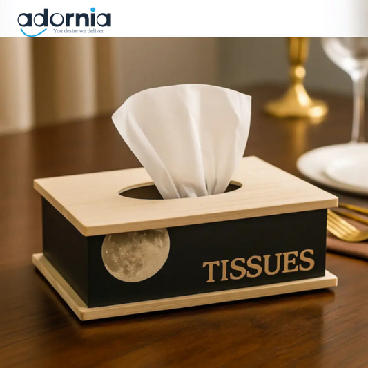 Modern Wooden Tissue Box with Moon & TISSUES Engraving