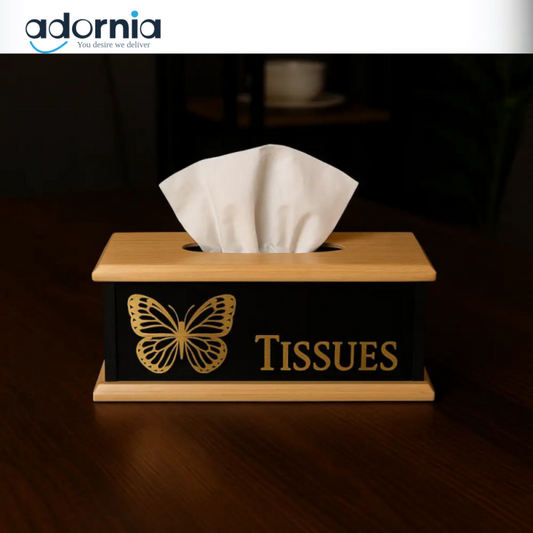Elegant Butterfly Wooden Tissue Box – Black & Gold