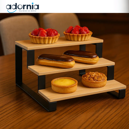 3-Tier Bamboo Pastry Stand with Black Metal Frame
