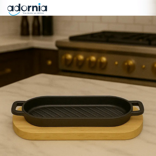 Premium Cast Iron Grill Pan with Wooden Base – Oval Sizzler Platter