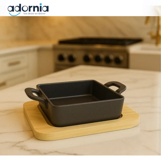 Square Cast Iron Baking Dish with Wooden Base