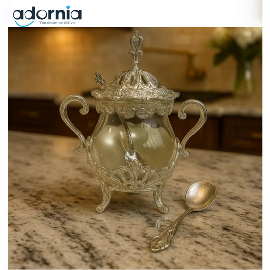 Luxury Silver Glass Dessert & Sugar Jar with Lid – Ornate Serving Bowl