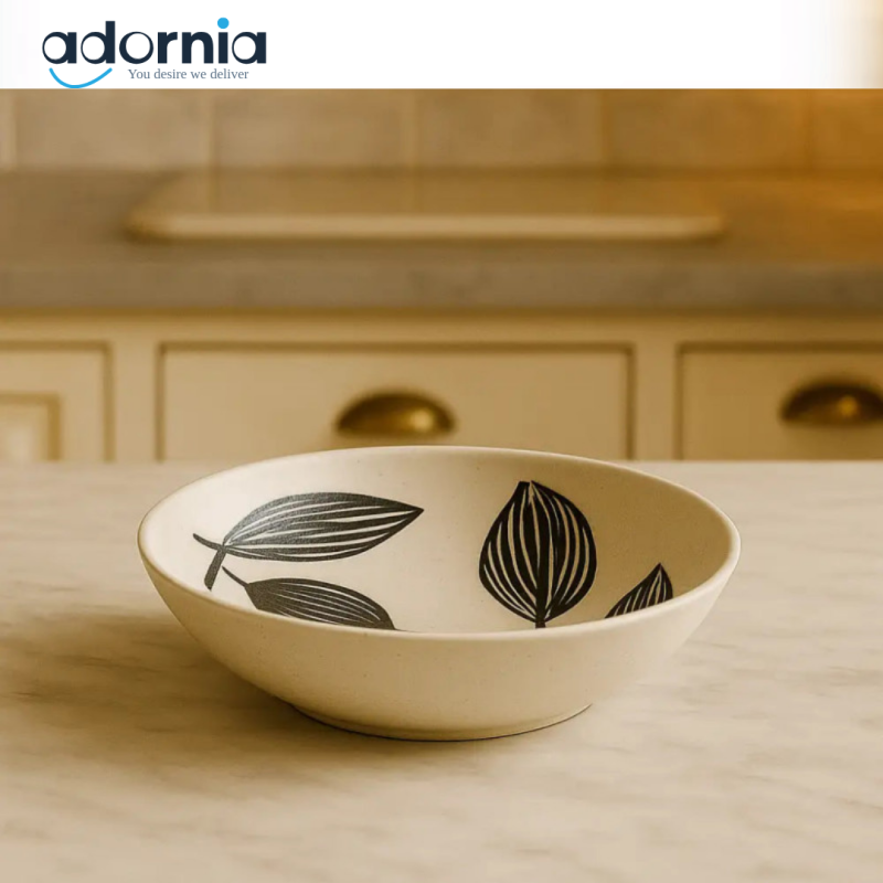 8” Botanical Ceramic Deep Plate – Elegant Black & White Leaf Design