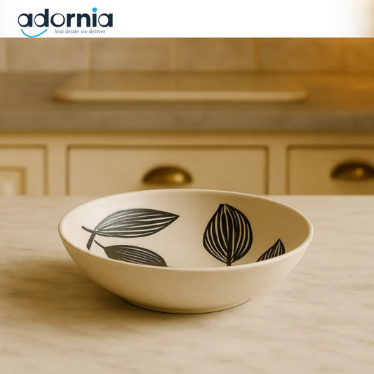 8” Botanical Ceramic Deep Plate – Elegant Black & White Leaf Design