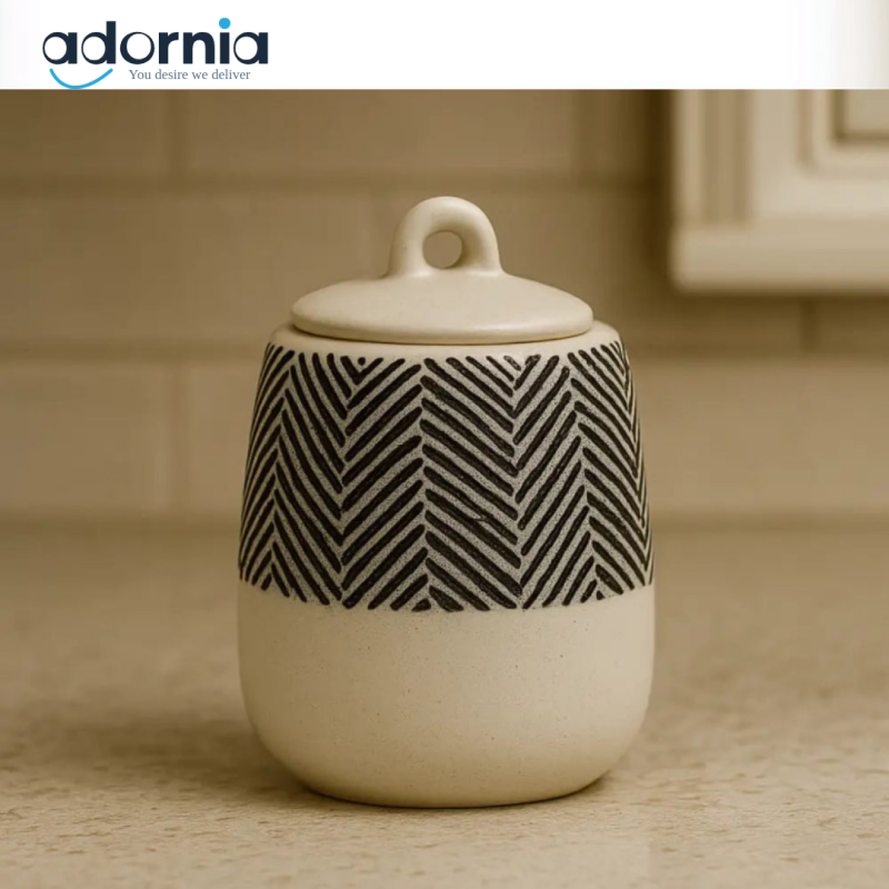 220ml Ceramic Sugar Pot with Lid – Black Herringbone Design