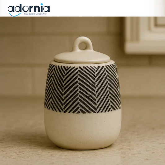 220ml Ceramic Sugar Pot with Lid – Black Herringbone Design