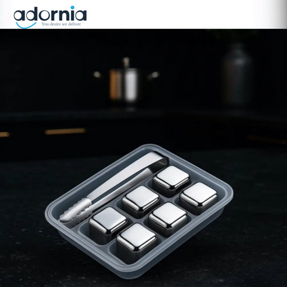 Premium Stainless Steel Reusable Ice Cubes Set – 6 Pieces with Tongs
