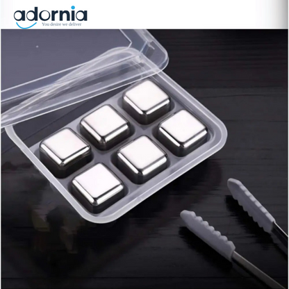 Premium Stainless Steel Reusable Ice Cubes Set – 6 Pieces with Tongs