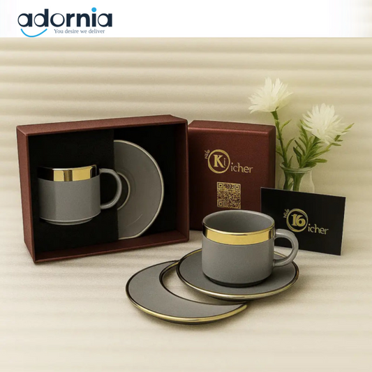 Premium Grey Porcelain Tea Cup & Saucer Set – Gold Rimmed Gift Boxed | adornia.pk