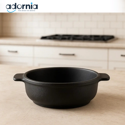 Shallow Porcelain Serving Bowl with Handles – Matte Black Heatproof Dish