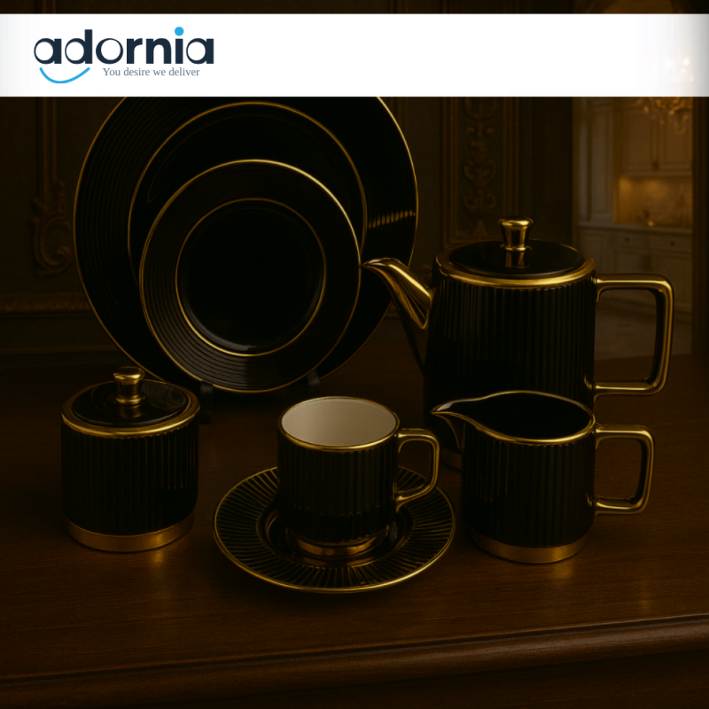 LUXURY 24 PIECE TEA SET – MODERN PORCELAIN DINNERWARE WITH TEAPOT, CUPS & PLATES FOR ELEGANT SERVING - BLACK