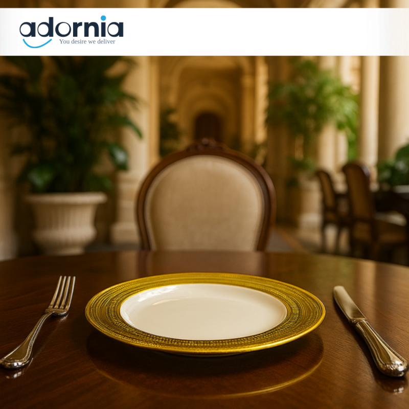 8.5 INCH LUXURY GOLD RIM DINNER PLATE – PREMIUM CERAMIC ROUND SERVING DISH FOR FINE DINING