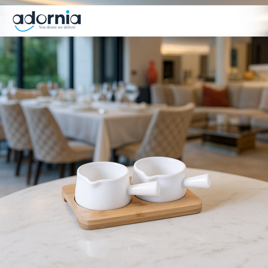 PREMIUM CERAMIC SAUCE POT SET WITH WOODEN TRAY – LUXURY DINING SERVING BOWLS