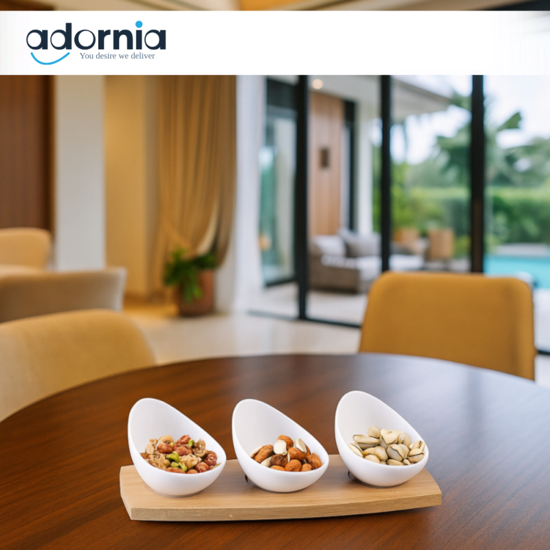 3 PIECE SNACK BOWL SET WITH WOODEN TRAY – LUXURY SERVING DISH FOR NUTS & DRY FRUITS – MODERN DINING TABLE DECOR