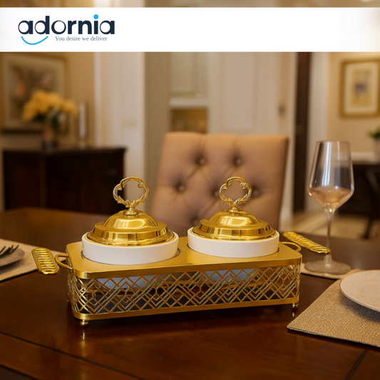 LUXURY GOLD SERVING SET – WHITE CERAMIC BOWLS WITH DECORATIVE HANDLE TRAY - 2 COMPARTMENT
