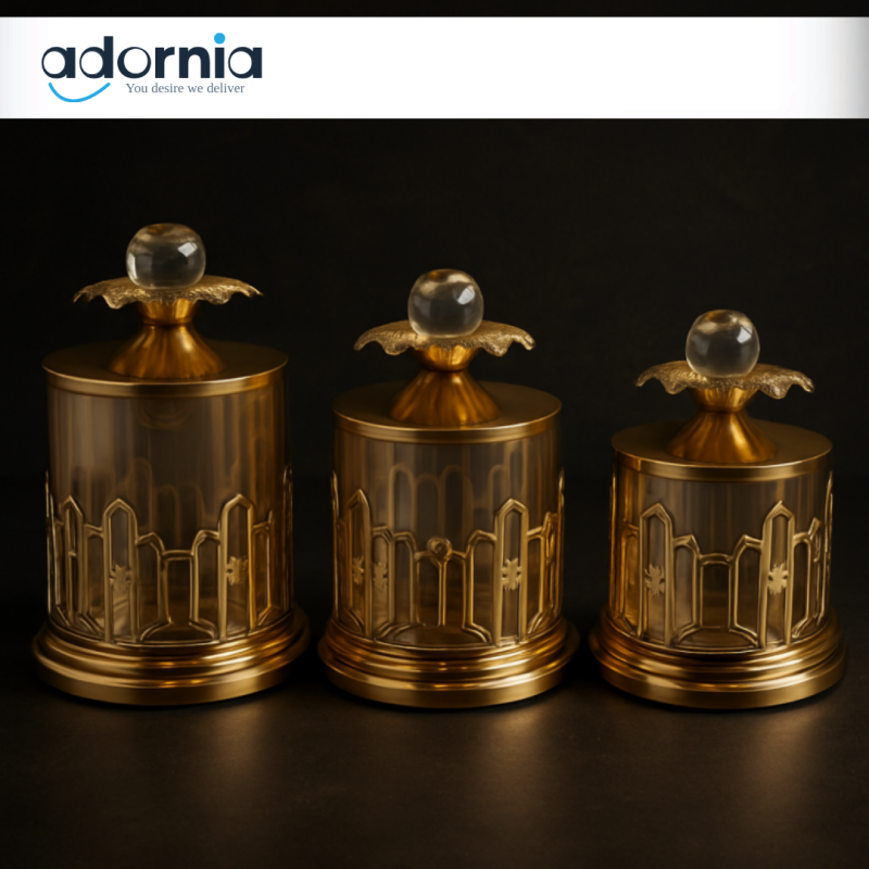 LUXURY GOLD STORAGE JAR SET – 3PCS ELEGANT TRANSPARENT DESIGN WITH CRYSTAL LIDS