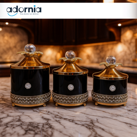 LUXURY PEARL DECOR JAR SET – 3PCS GOLDEN TRIM STORAGE CONTAINERS - BLACK