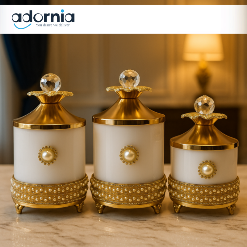 LUXURY PEARL DECOR JAR SET – 3PCS GOLDEN TRIM STORAGE CONTAINERS - WHITE