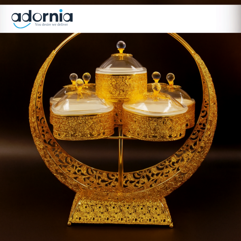 LUXURY CRYSTAL DRY FRUIT SET – 5PIECE WITH CRESCENT GOLD FRAME