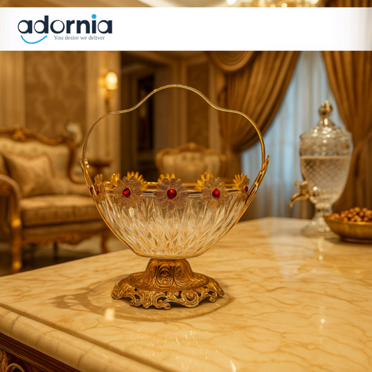 LUXURY CRYSTAL FRUIT BASKET – GOLDEN BASE WITH FLORAL DESIGN