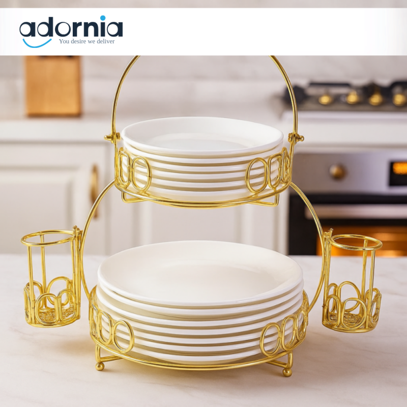 LUXURY PLATE STAND WITH FOLK SET HOLDER – GOLD METAL DOUBLE TIER RACK FOR DINNERWARE ORGANIZATION