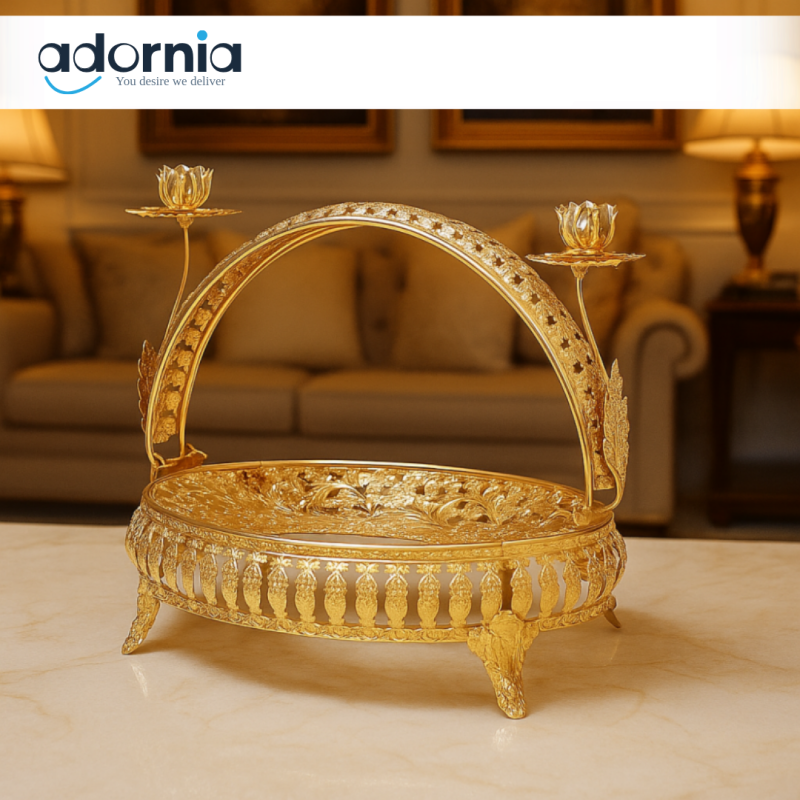 ORNATE GOLD DECORATIVE BASKET WITH LOTUS CANDLE HOLDERS – LUXURY TABLETOP CENTERPIECE FOR VILLA INTERIORS