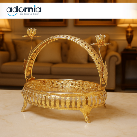 ORNATE GOLD DECORATIVE BASKET WITH LOTUS CANDLE HOLDERS – LUXURY TABLETOP CENTERPIECE FOR VILLA INTERIORS