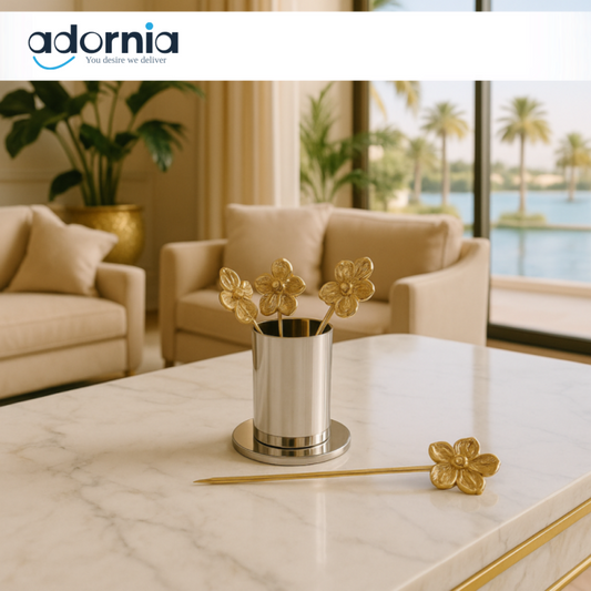 LUXURY GOLDEN FRUIT PICKER SET WITH HOLDER – PREMIUM DECORATIVE SKEWERS FOR SERVING FRUITS & SNACKS