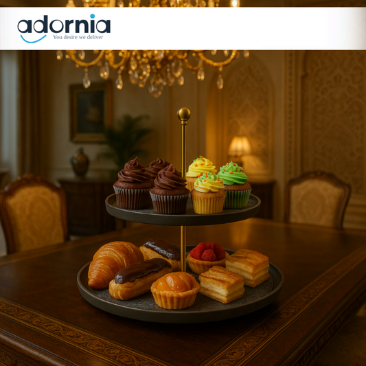 2 TIER DESSERT STAND WITH CUPCAKES & PASTRIES – LUXURY VILLA TABLE DISPLAY FOR HIGH-TEA & PARTIES