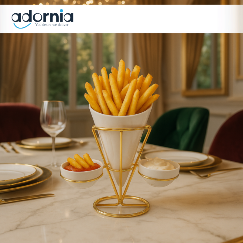 LUXURY GOLD FRIES CONE HOLDER WITH DIP BOWLS – FRENCH FRIES SERVING STAND FOR VILLA TABLETOP