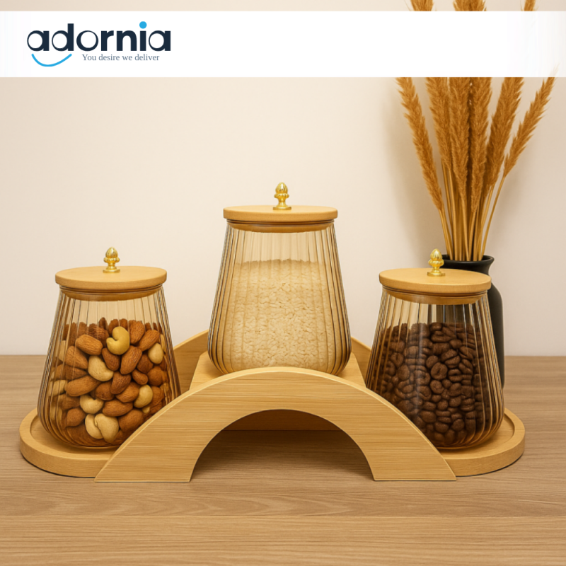 3PIECE AMBER GLASS JAR SET WITH BAMBOO LIDS & STAND – DRY FRUIT, COFFEE, RICE STORAGE CONTAINERS