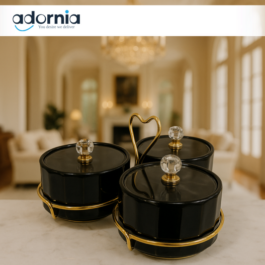 BLACK CONDIMENT JAR SET WITH GOLD STAND – LUXURY SPICE CONTAINER FOR VILLA KITCHEN & DINING - 3PIECE