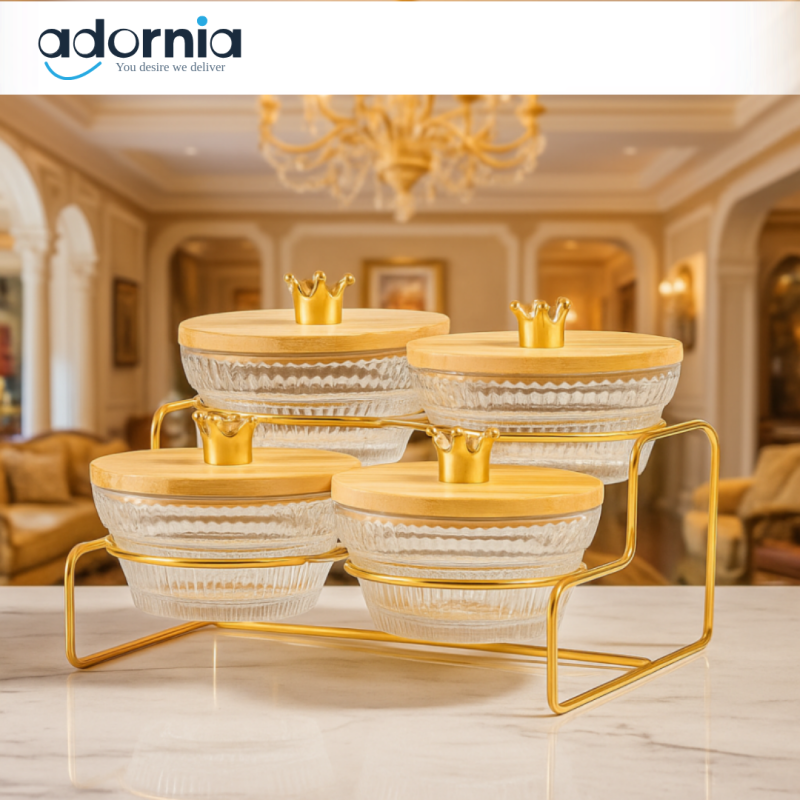 LUXURY GLASS CONDIMENT JAR SET WITH GOLD STAND – ELEGANT SPICE & SNACK STORAGE CONTAINERS - 4 CONDIMENTS