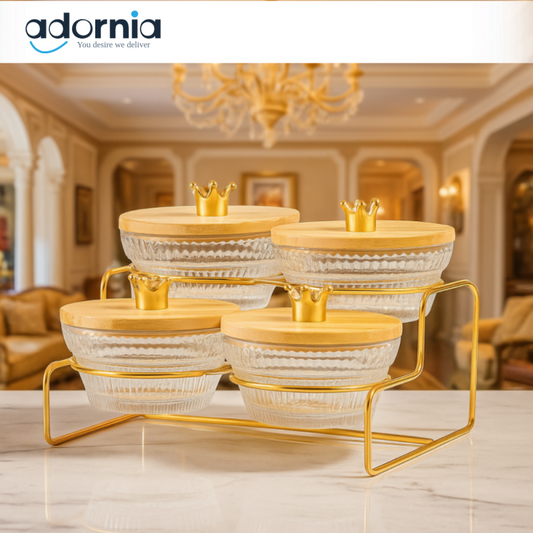 LUXURY GLASS CONDIMENT JAR SET WITH GOLD STAND – ELEGANT SPICE & SNACK STORAGE CONTAINERS - 4 CONDIMENTS