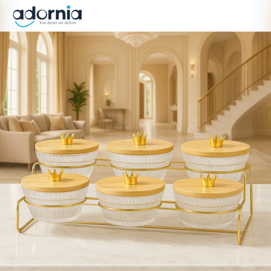 LUXURY GLASS CONDIMENT JAR SET WITH GOLD STAND – ELEGANT SPICE & SNACK STORAGE CONTAINERS - 6 CONDIMENTS