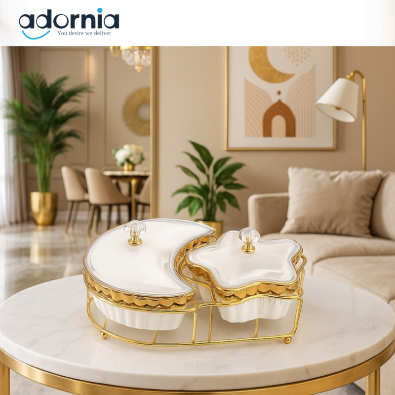 STAR & MOON SHAPE LUXURY CERAMIC CONDIMENT SET WITH GOLD STAND – VILLA STYLE DECOR BOWL JAR BOX - WHITE