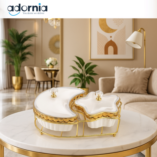 STAR & MOON SHAPE LUXURY CERAMIC CONDIMENT SET WITH GOLD STAND – VILLA STYLE DECOR BOWL JAR BOX - WHITE